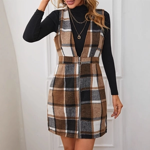 Robe gilet vintage à carreaux pour femmes avec fermeture éclair et col en V élégant