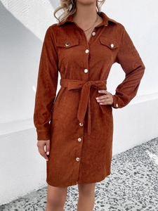 Women's vintage rust orange corduroy long sleeve shirt dress with belt and lapel