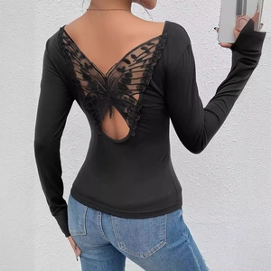 T-Shirt Femme Sexy Dos Nu Dentelle Papillon Manches Longues Évidé Slim Fit Polyester Col Rond Mode Urbaine Noir Top