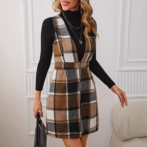 Ensemble gilet à carreaux pour femme avec fermeture éclair et pull à col roulé noir