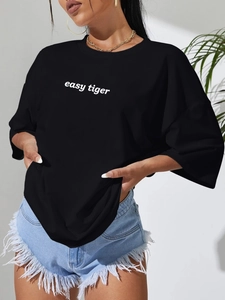 T-shirt noir ample pour femme avec imprimé Easy Tiger et manches courtes en coton