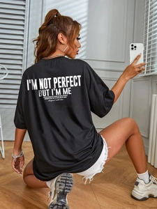 Women's black oversized cotton T-shirt with back letter print and loose casual fit