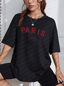 T-shirt noir oversize pour femme avec inscription Paris rouge et col rond décontracté