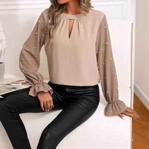 Chemisier Élégant pour Femmes Manches Évasées Avec Künstliche Perles Poignets à Volants Col Rond Abricot Chemise en Chiffon pour Bureau