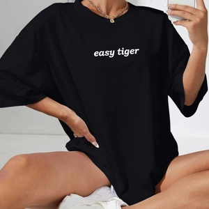 T-Shirt Oversized Noir Décontracté pour Femmes Col Rond Manches Courtes Imprimé Lettres Mélange de Coton Streetwear