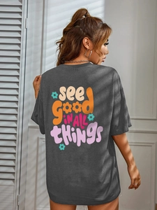 Women's dark gray loose t-shirt with colorful 'SEE GOOD IN ALL THINGS' back print