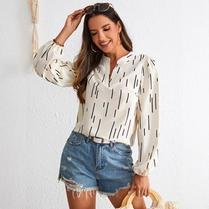 Women Elegant V Neck Vertical Striped Blouse Long Lantern Sleeve Casual Loose Pullover Top Office Lady Fashion Shirt