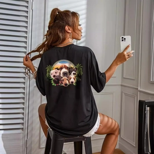 Women's Casual Black Oversized T-Shirt Round Neck Short Sleeve Dog Graphic Print Cotton Blend Streetwear Top