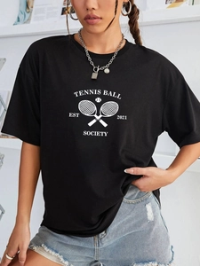 Women's black loose t-shirt with tennis rackets and society graphic print on front