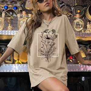 T-Shirt Femme Décontracté Khaki Oversize Col Rond Manches Courtes Imprimé Floral Botanique au Trait Mélange Coton Top Streetwear