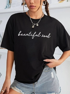 T-shirt femme noir décontracté avec imprimé 'beautiful soul' et coupe ample sport