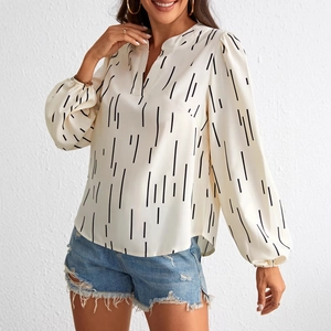Elegant off-white V-neck blouse with black vertical stripes and lantern sleeves for women