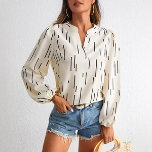 Elegant ivory V-neck blouse with vertical black stripes and stylish lantern sleeves