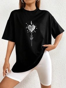 Women's black loose fit crew neck T-shirt with white heart fingerprint graphic print