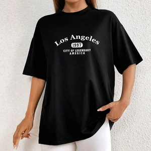 Maglietta da Donna Casual Nera American Retro Los Angeles 1997 Stampa Lettere Oversized Girocollo Manica Corta Streetwear Top