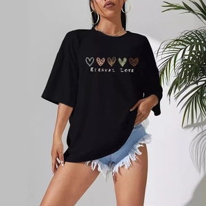 Women Casual Oversized Black T-Shirt Heart Letter Eternal Love Print Short Sleeve Round Neck Cotton Blend Summer Loose Top