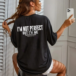 Women Casual Cotton Blend Oversized T-Shirt Letter Print Short Sleeve Round Neck Streetwear Fashion Loose Summer Top
