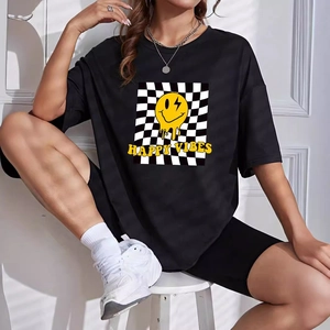 Women Casual Oversized T-Shirt And Biker Shorts Happy Face Checkerboard Print Streetwear Top And Bottoms