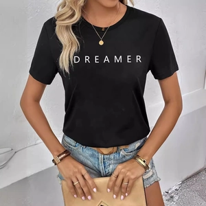 T-Shirt Décontracté pour Femmes Noir Col Rond Manches Courtes DREAMER Imprimé Lettres Mélange de Coton Streetwear