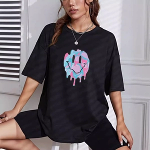 Women Oversized T-Shirt Casual Short Sleeve Round Neck Melting Smiley Face Printed Streetwear Cotton Blend Top