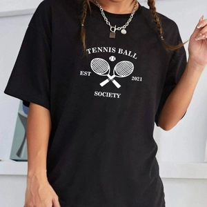 Women Black Oversized T-Shirt Round Neck Short Sleeve Cotton Blend Tennis Society Print Casual Retro Sports Graphic Tee Top