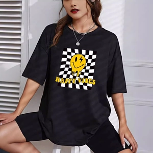 Women black casual T-shirt with checkered melting smiley face and biker shorts set