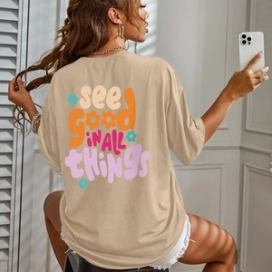 Women's Oversized Cotton Blend T-Shirt Letter Print Short Sleeve Round Neck Casual Streetwear Tops Khaki Grey
