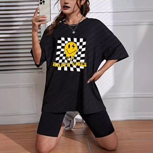 Women's black oversized T-shirt set with melting smiley face and checkered print