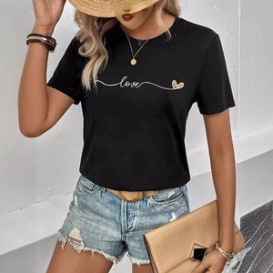 T-Shirt Décontracté Noir Col Rond Manches Courtes pour Femmes Avec Imprimé Coeur Léopard Love Top Été Streetwear