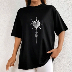 Women Casual Black Oversized T-Shirt Round Neck Short Sleeve Heart Fingerprint Music Note Printed Streetwear Cotton Top