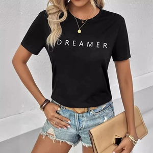 T-shirt noir décontracté pour femme avec col rond et imprimé lettres DREAMER blanc