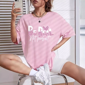 Women's Pink Cotton Blend T-Shirt Round Neck Short Sleeve Loose Fit Letter Print Heart Leopard Graphic Casual Summer Top