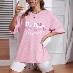 Pink loose fit cotton T-shirt with leopard heart and 'BE REAL Not perfect' print