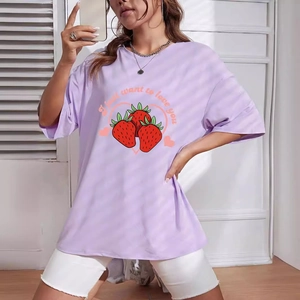 Lavender oversized strawberry print t-shirt for women in casual loose-fit cotton style