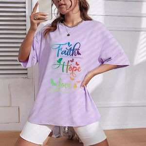 Women's lavender oversized t-shirt with colorful Faith Hope Love graphic print