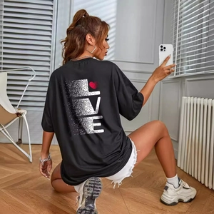 Women's Oversized Black T-Shirt Round Neck Short Sleeve Cotton Blend Back LOVE Letter Print Streetwear Casual Loose Top