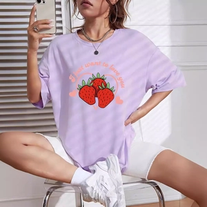 Women's casual loose lavender T-shirt with strawberry print and crew neck design