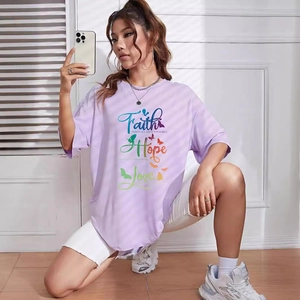 Women's lavender oversized t-shirt with colorful Faith Hope Love print and butterfly graphic