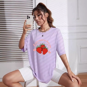 Women Oversized Short Sleeve T-Shirt Round Neck Lavender Purple Strawberry Letter Print Streetwear Loose Summer Top