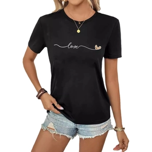 T-shirt noir femme col rond avec inscription love et imprimé cœur léopard chic