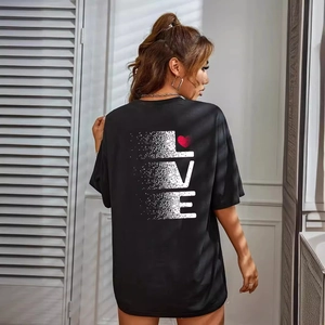 Women black oversized cotton t-shirt with heart love letter print on back view