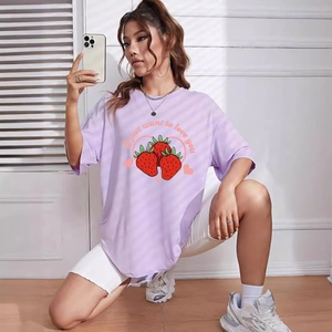 Women's loose light purple T-shirt featuring strawberry graphic and letter print