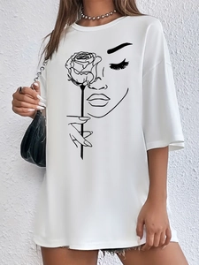 Detail shot of white round neck T-shirt featuring rose and face line art print