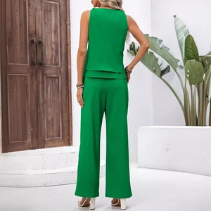 Women's summer green two-piece sleeveless top and high-waist wide-leg pants set back view