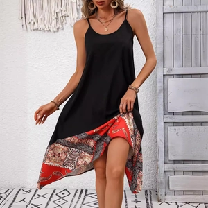 Damen Boho Spaghettiträger Kleid Casual Asymmetrischer Saum Paisley Print Ärmellos Midi Kleid Sommer Urlaub Strandmode