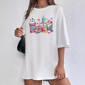 Women's white oversized t-shirt featuring cute cartoon drinks and teddy bear print