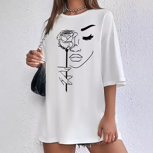 Women's white oversized t-shirt with rose and face line art, casual summer style