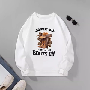 Women Western Cowboy Graphic Sweatshirt Letter Print Long Sleeve Pullover White Fashion Casual Top For Daily Wear