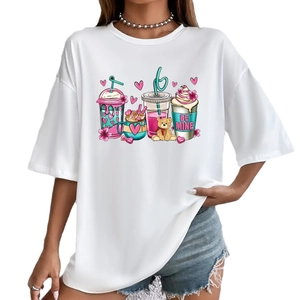 Oversized white cotton T-shirt with cute beverage and floral print paired with denim shorts
