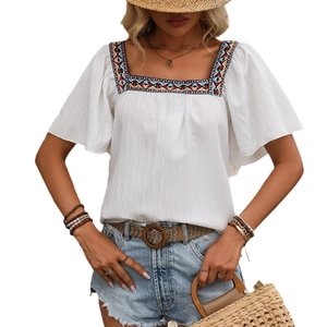 Bohemian square neck white top with colorful ethnic embroidery and bell sleeves for women